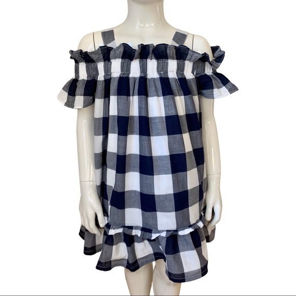 JANIE AND JACK Off-The-Shoulder Gingham Dress 100% Cotton Navy Blue & White Sz 3 - Picture 8 of 16